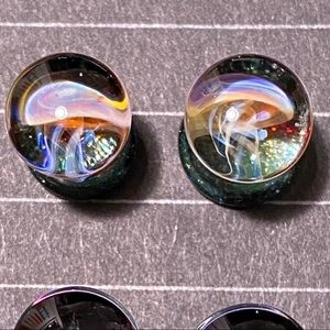 Amber/Purple Jellyfish on Indigo Sparkle (pair) Glass Jellyfish Plugs (0 gauge)